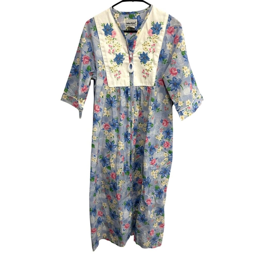 Vtg Anthony Richards Floral Housecoat Embroidered Yoke Pockets Zip Front Size M